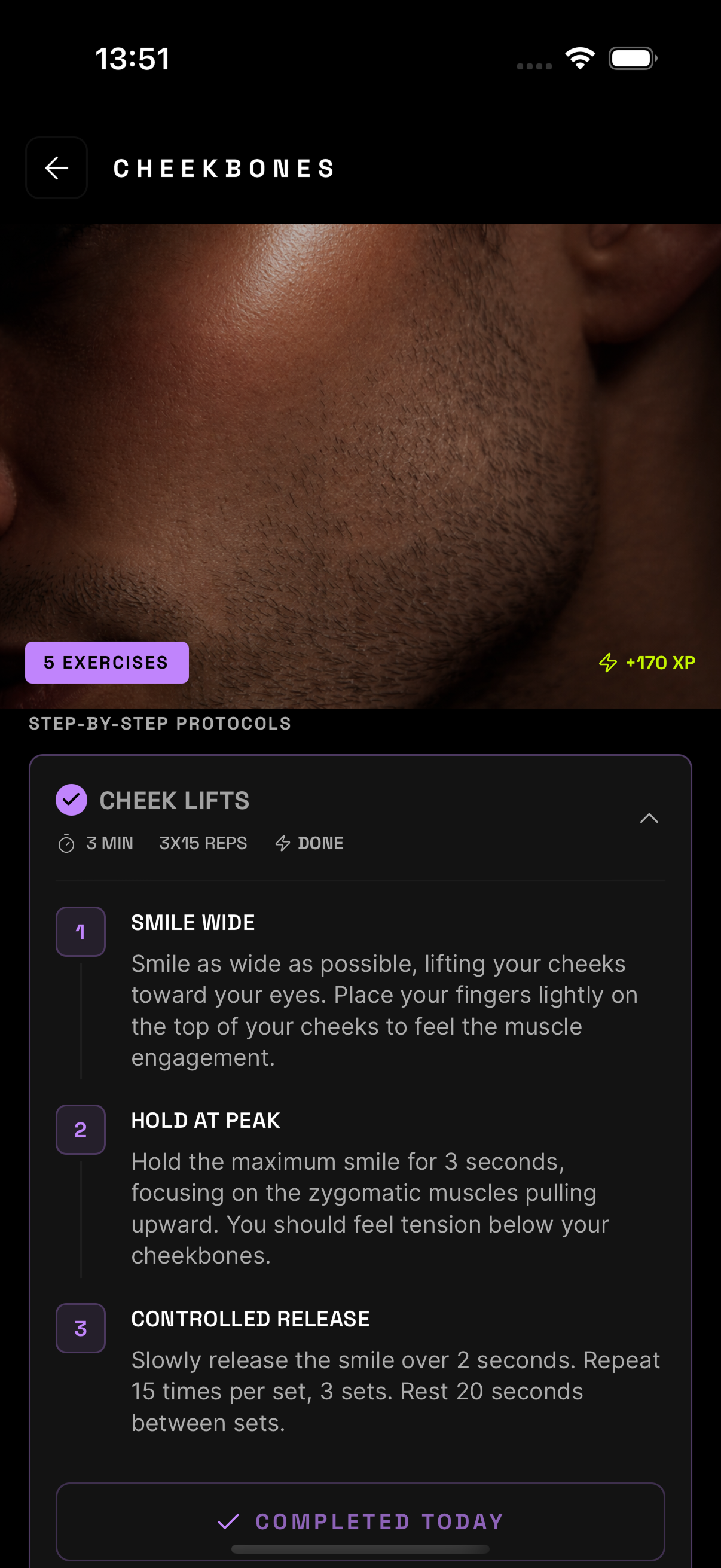 PSL AI cheekbones protocol screen with step-by-step exercises