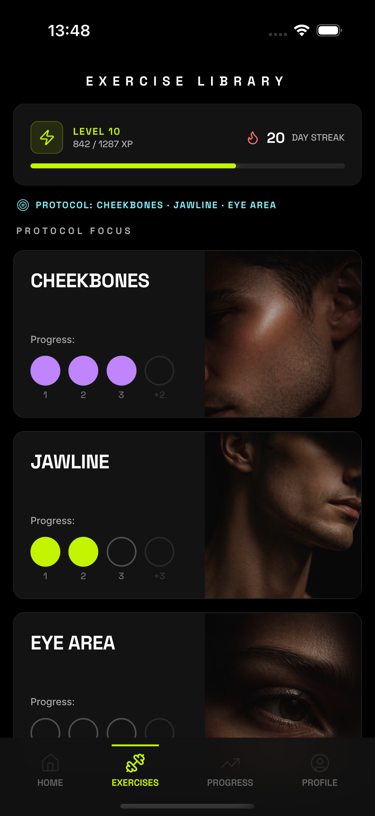 PSL AI exercise library screen showing protocol focus areas