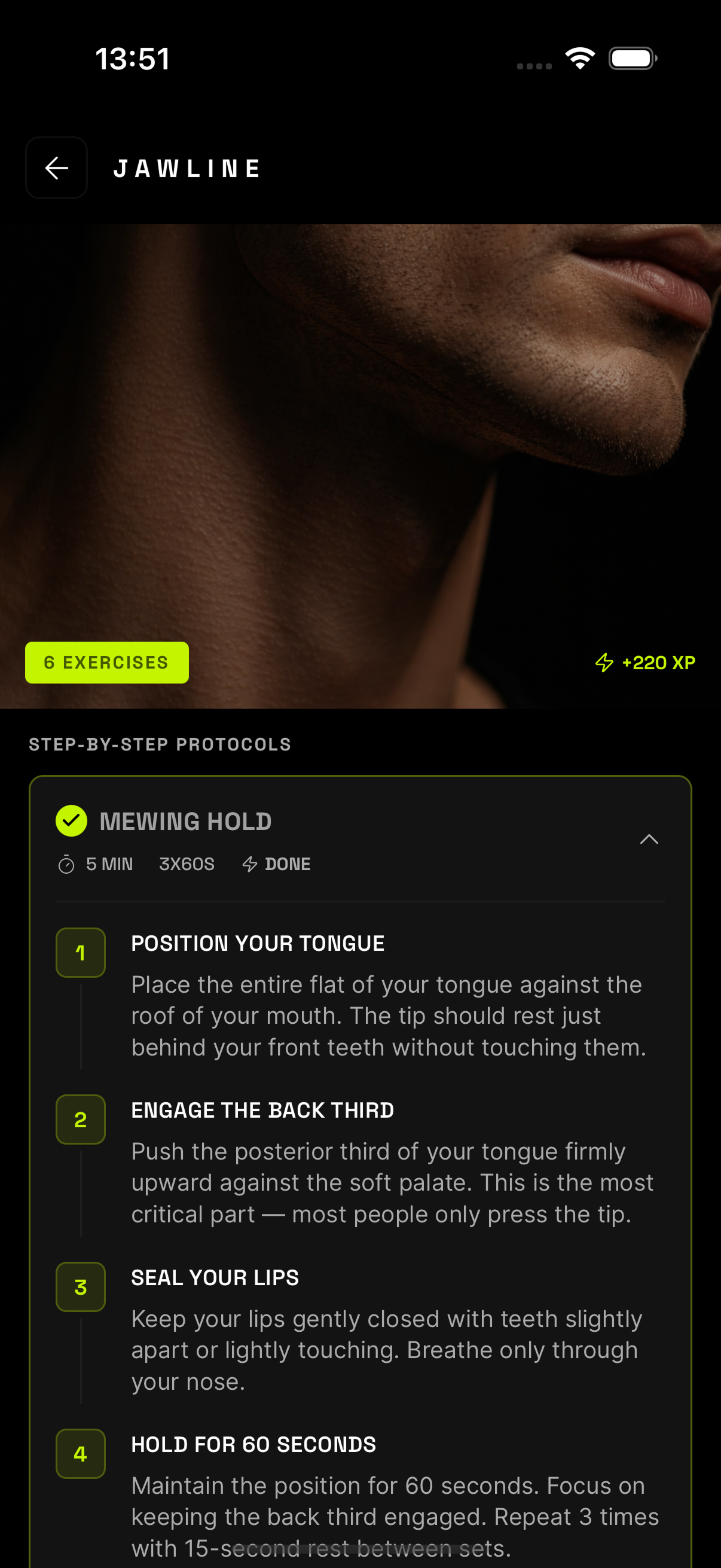 PSL AI jawline protocol screen with step-by-step exercises